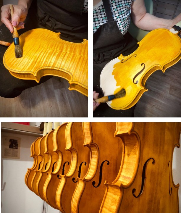 Ruční lakování houslí Violin Schönbach a řada nástrojů v dílně